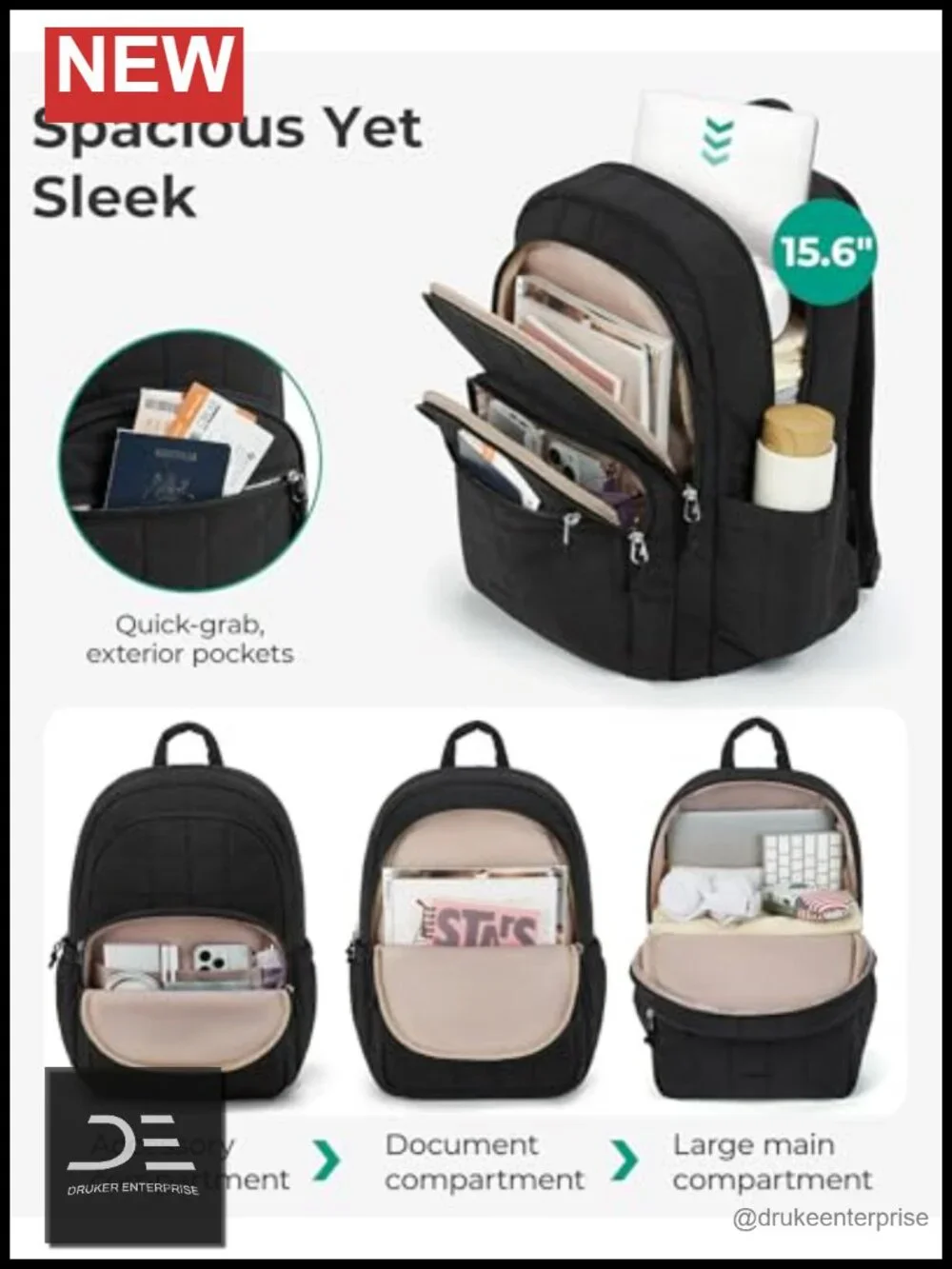 Quilted Laptop Backpack - Water-Resistant with Padded Straps, 15.6 Inch
